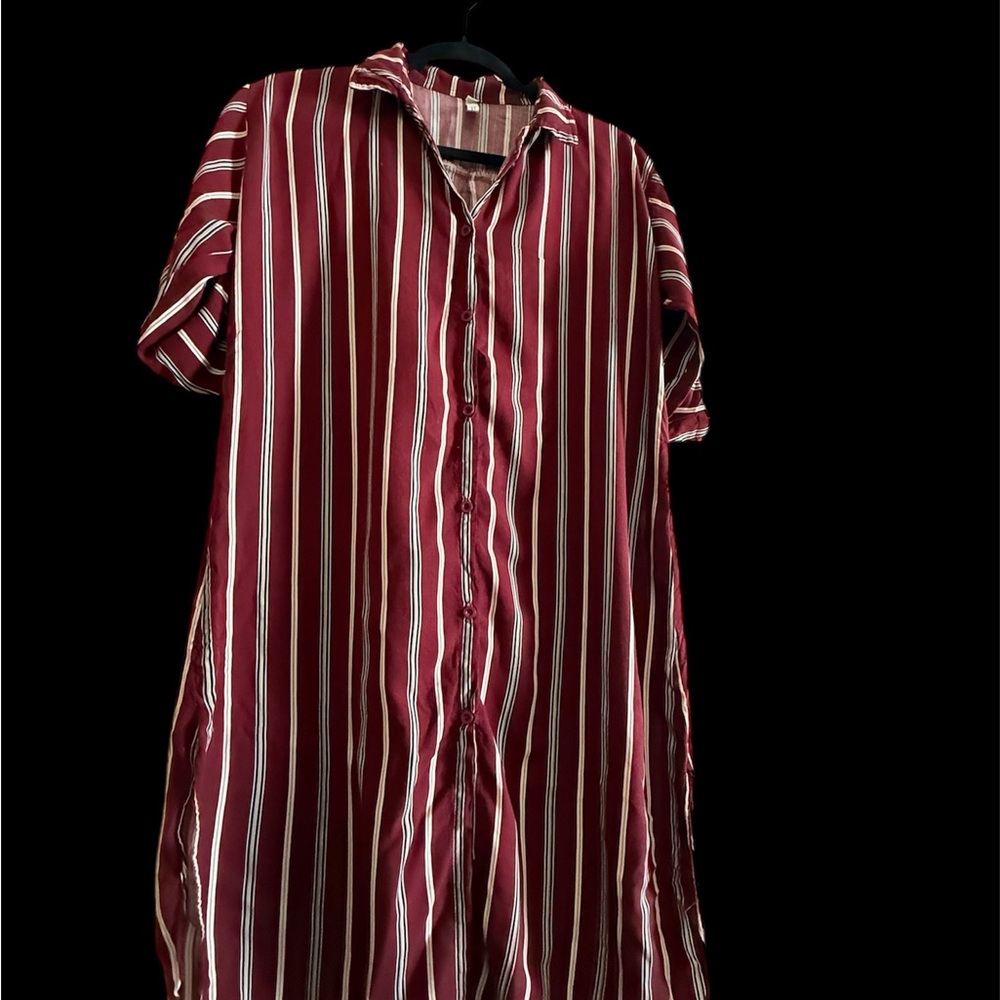 Zara Burgundy and White Striped Long Sleeve Dress